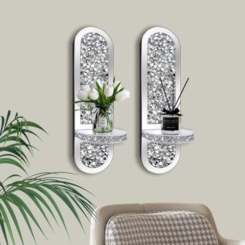 SERENA'S ® Elegant Silver Mirrored Oval Candle Sconce with Scattered Diamond Accents – Wall-Mounted Glittering Decorative Candle Holder for Living Room, Bedroom, or Dining Room Home Decor- set of 2