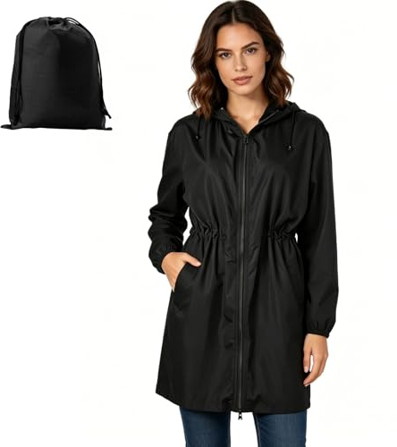 SCCGKP Women's Waterproof Long Raincoat with Hood Outdoor Lightweight Windbreaker Rain Jacket for Golf Hiking Travel (UK, Alpha, M, Regular, Regular, Black)