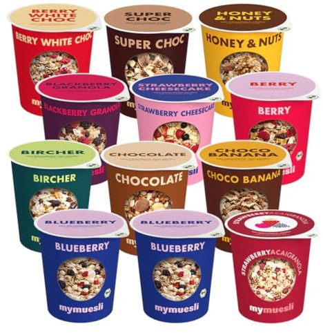 mymuesli BIO Müsli Premium Mix 2Go (12x 85g) abwechslungsreiche Sorten im praktischen Portionsbecher to go für Schule, Arbeit oder Unterwegs – Nachhaltig & palmölfrei