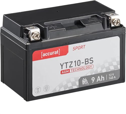 Accurat Motorradbatterie YTZ10S, AGM, 12V 9Ah, wartungsfrei, zyklenfest | kompatibel mit YTZ10-S, geeignet für Roller, Quad, rüttelfest, Starterbatterie, Erstausrüsterqualität, vorgeladen