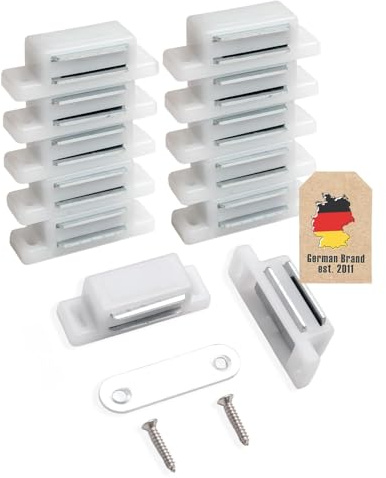 INTIRILIFE 10 cierres magnéticos en color blanco – Cierrapuertas magnético con una fuerza de sujeción de 3 – 4 kg – Juego de 10 cierres magnéticos para muebles, puertas de armarios, etc.