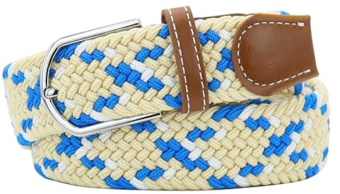 Huyfhksd Mixed Color Woven Stretch Braided Belts for Men and Women Fashion Elastic Belts, L, Beige Blue White