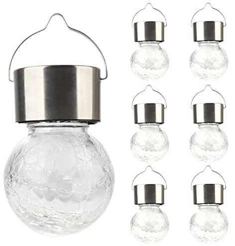 FGYZYP Lot de 6 lampes solaires à suspendre pour extérieur, 3 couleurs fonctionnant à l'énergie solaire, boule de verre craquelé, étanche, à suspendre dans un arbre, avec poignée pour jardin, cour,