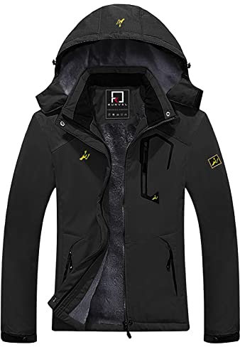 R RUNVEL Womens Waterproof Jacket Winter Warm Fleece Ski Jacket with Hood Windproof Camping Hiking Coat Outdoor Mountain Walking Skiing Jackets and Coat Black UK 12