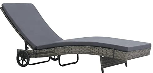 Mogou Sonnenliege mit Rollen und Auflage, Gartenliege, Liegestuhl, Sonnenstuhl, Sonneninsel Outdoor, Liegen, Gartenmöbel, Bäderliege, Relaxliege,Poly Rattan Anthrazitgrau