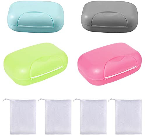 Boîte à Savon Portable 4 Pièces et Sac en Filet 4 Pièces, Étanche et Anti-Fuite Avec Couvercle Pour Maison, Camping, Salle de Bain, Voyage (Grand)