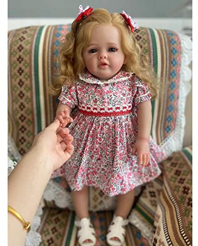 YIHANGG 60CM Riesig Babygröße Reborn Kleinkind-Künstlerpuppe mit 3D Haut Sichtbare Venen Prinzessin Blondes Lockiges Haar Reborn Babypuppe Handgewurzeltes Haar Weihnachten Geschenk