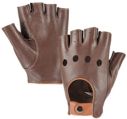 MGGMOKAY Mens Fingerless Leather Driving Gloves Half Finger Motorcycle Sheepskin Unlined Gloves Punk,BrownCamel,L