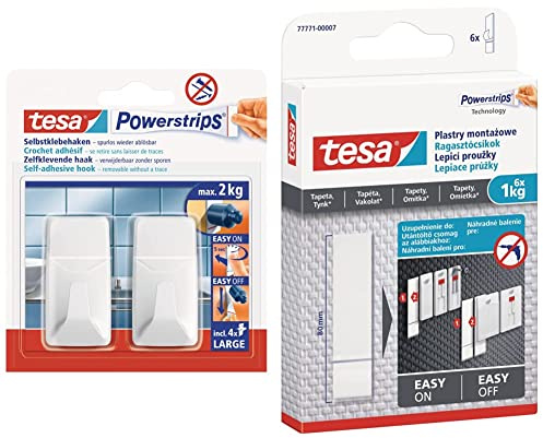 tesa Powerstrips Haken Large ECKIG - Weiß & Powerstrips Tapete&Putz - doppelseitige Klebestreifen für Tapete und Gips - Ersatz-Klebestreifen Klebenagel - Haltekraft 6x1KG