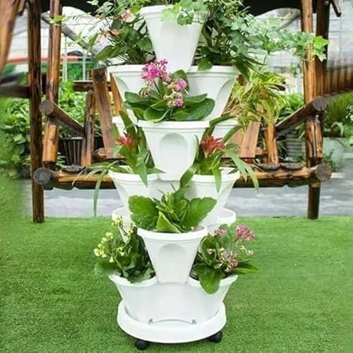 Jardin empilable à 3 niveaux - Spécial festival des plantes - Pots de fleurs empilables - Pots de plantation de fraises - Ensemble de jardinières verticales intérieures/extérieures - Niveaux d'arrosag