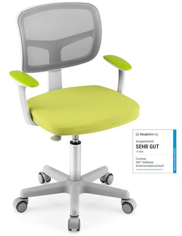COSTWAY Barnstol, 360° vridbar, 80–91,5 cm, justerbar höjd, barnstol med ryggstöd och armstöd, datorstol med 5 hjul, för barn 3–10 år (grön)