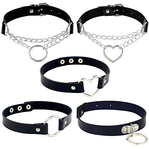 Gothic PU-Leder Choker Halskette Set mit Spikes - Verstellbare Punk-Kette mit Herz-Anhänger, Schwarz