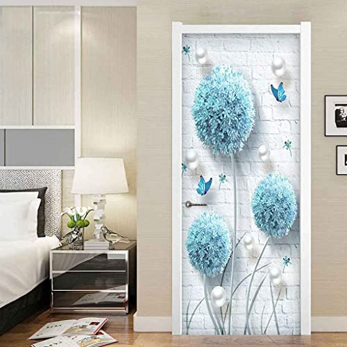 80 X 200 Cm Door Mural Self Adhesive Door Sticker Blue Pansy Door Murals Wall Art Vinyl Office Hotel Café Restaurant Living Room Children Nursery Decals DIY Room Decor Wallpaper Home Interior Decorat