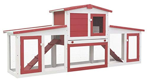 BaraSh Großer Kaninchenstall Rot und Weiß 204x45x85 cm Holz Hasenstall DraußEn Winterfest