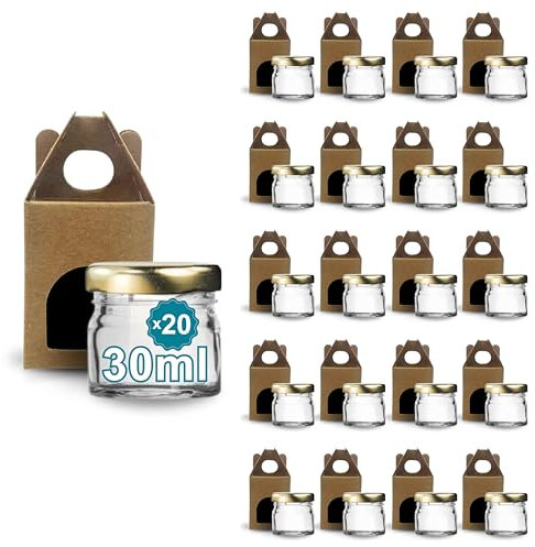 Espirito Rebelde 20 barattoli vuoti in vetro con coperchio da 30 ml con 20 barattoli di cartone per 1 barattolo di marmellata, per marmellate, conserve, miele