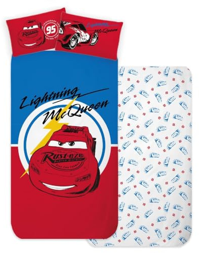 Juego de sábanas para niños, set de 3 piezas, sábana bajera con esquinas, sábanas, funda de almohada, cama individual, 100% Algodón (Cars)
