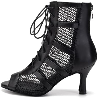 AOQUNFS Women's Latin Dance Boots Lace-up High Heel Salsa Bachata Tango Ballroom Party Practice and Performance Dancing Boots,L446-Black-PU-7.5,UK7