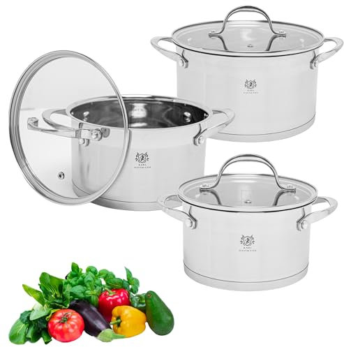 Topfset Induktion 3-teilig, Kochtopf Set mit Glasdeckel, Edelstahl mattiert, Induktions Töpfe Set unbeschichtet, Innenskalierung, GlasKeramikherd, Gas, Elektroherd
