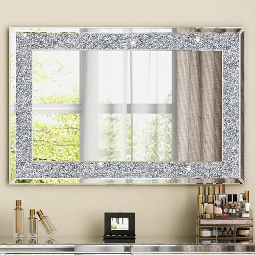 SHYFOY Stor kristallspegel 90 x 60 cm rektangulär dekorativ väggspegel silver diamant spegel för badrum hall vardagsrum, hisnande heminredning
