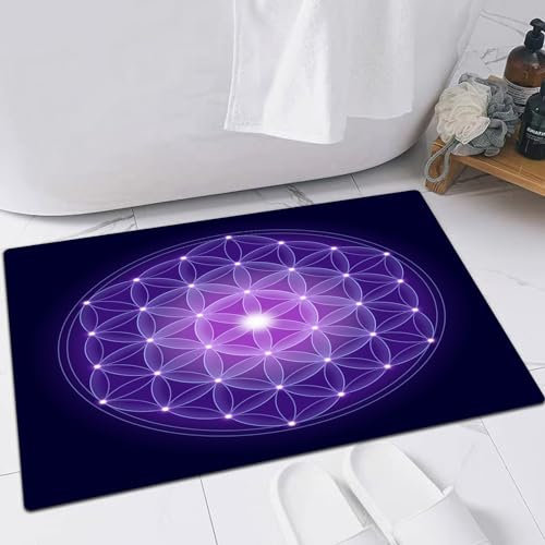 EMFSLA rutschfest Badezimmer Badeteppiche,Weich Hochflor Saugfähig Badvorleger Waschbar Flauschige Mikrofaser Badematte,Dunkelblau, Blume des Lebens mit Sternen, spirituelles Symbol, heilige,40x60 cm