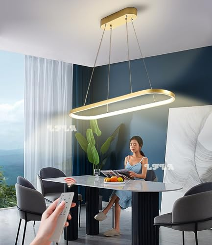 LFLA Esszimmerlampe Dimmbar LED Pendelleuchte Gold Moderne Esstisch Hängelampe 41W mit Fernbedienung Oval Design Kronleuchter Höhenverstellbar Hängeleuchte Arbeitszimmer Küche Wohnzimmer Licht L90cm