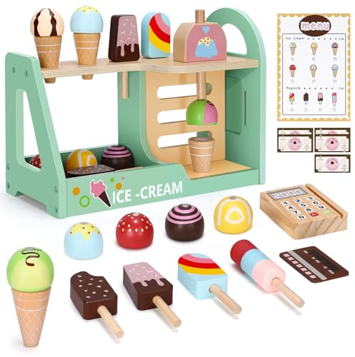 RILSO Geschenk Mädchen,Spielzeug Mädchen,Geschenk,Eisdiele Eisladen Kinder Holz,Einkaufsladen Kinder,Kinderküche