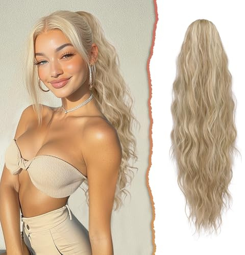 Sofeiyan Ponytail Extension, 66 cm Lang Gewellt Pferdeschwanz Haarteil mit Kordelzug Pferdeschwanz Haarverlängerungen Zopf Synthetik Haar Extensions Zopf für Frauen,Aschblond Gemischtes Bleichblond