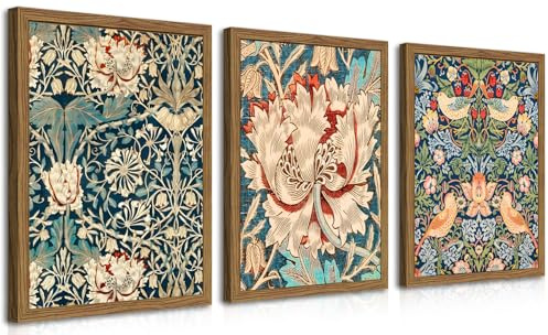 Wood Frame William Morris Wall Art Set of 3, Vintage Botanical Floral Canvas Wall Decor Painting, Farmhouse Artwork Aesthetic Posters Prints for Living Room Bedroom Bathroom 12x16In Framed