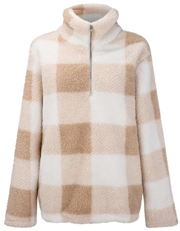 Fleecejacke Hoodie Damen, Karierte Hemdjacke Damen Warm Fleece-Pullover Warme Winterjacke Langarm Lockere Sweatshirt Stehkragen Übergangsjacke Weiche Sportjacke Freizeitjacke Karierte-Pullover