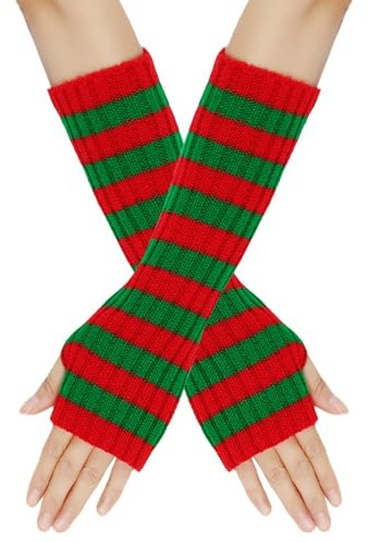 Whakano Lange Fingerlose Handschuhe 30cm,Gestrickte Handschuhe Handstulpen für Damen,Gestreifte Winter Armwärmer Daumenloch Stulpen Handwärmer,Winterhandschuhe Damenhandschuhe,Rot Grün