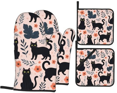 Set di 4 guanti da forno e presine con stampa di simpatici gatti neri, guanti resistenti al calore, accessori da cucina resistenti al calore