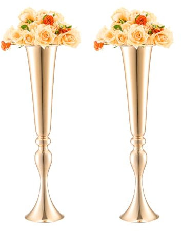 VEVOR Vaso per Fiori da Matrimonio, Alto 56 cm Centrotavola in Metallo a Forma di Tromba per Matrimonio 2 Pezzi, Espositore Floreale Dorato per Tavoli per Cene di Nozze, Cerimonia, Compleanno, Evento