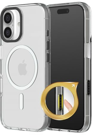 RhinoShield Funda Clear Botón de Captura y Control de Cámara Compatible con MagSafe [iPhone 16] | Magnetismo Superior, Resistencia al Amarilleo, Funda Protectora, Anillo de Cámara Negro