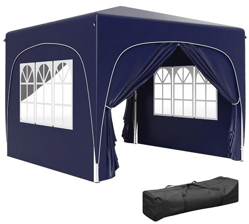 Outsunny Pavillon 3x3m, wasserabweisend Stabil Winterfest Pop-up Faltpavillon, UV Schutz 50+, Faltbar Partyzelt Gartenzelt mit 4 Seitenteilen Tasche Gartenpavillon für Camping Garten, Dunkelblau