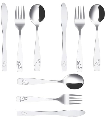 9 Pièces Couverts Enfant INOX, 3 x Fourchette 3 x Cuillère et 3 x Couteaux Dentelé, Couverts pour Enfants Lot de 3, Personnalisé Dinosaure Gravé (9pcs Dinosaures)