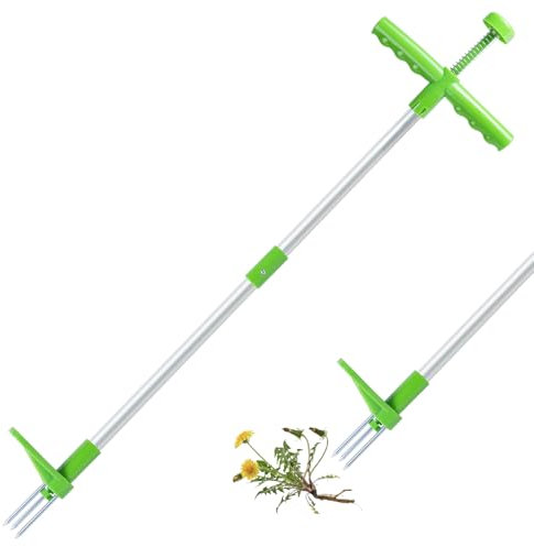 OFFCUP Unkrautstecher mit Stiel Unkrautentferner Länge 100cm mit T-Griff Stehen Unkrautjäter Stehendes Unkrautstecher mit Edelstahl 3 Krallen Gartenwerkzeug für Effizientes Entfernen von Unkraut