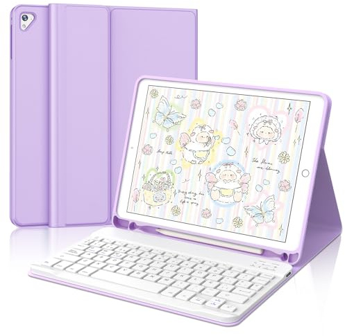 IVEOPPE Teclado para iPad 6/5 generacion 9.7/Air 2/Air 1/Pro 9.7, Funda Teclado Español Ñ QWERTY Bluetooth Desmontable para iPad 2018, Morado
