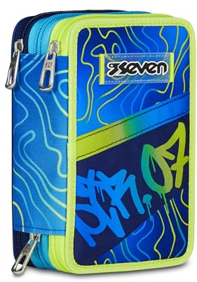 Seven, Mäppchen, Mehrfarbig, Federtasche für Schreibwaren, Etui mit Stiften, Kugelschreiber, & mehr, 3 Fächer, Mädchen & Jungen, Schule - Grundschule, XXL, blau
