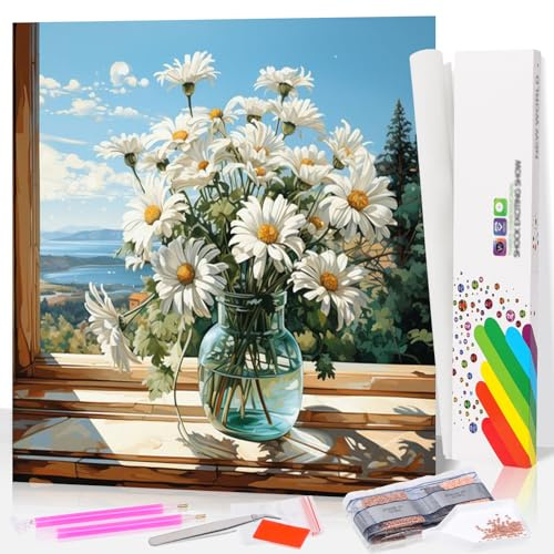 Fountor Daisy Diamond Art Kits for Adults, Flower Diamond Painting Kits for Adults Beginners, DIY 5D Round Gem Art with Gift Box for Home Wall Decor 14x14 Inch