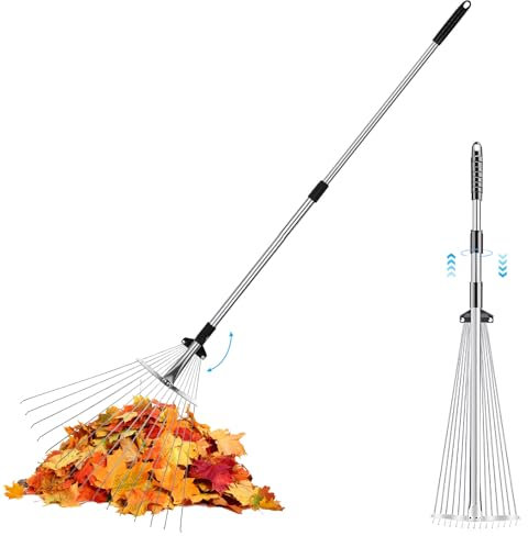Rastrillo de hojas con mango, 82 – 160 cm, ajustable, rastrillo de jardín, rastrillo de jardín, abanico de hojas, rastrillo de jardín, rastrillo para limpiar plantas, césped y patio (A)