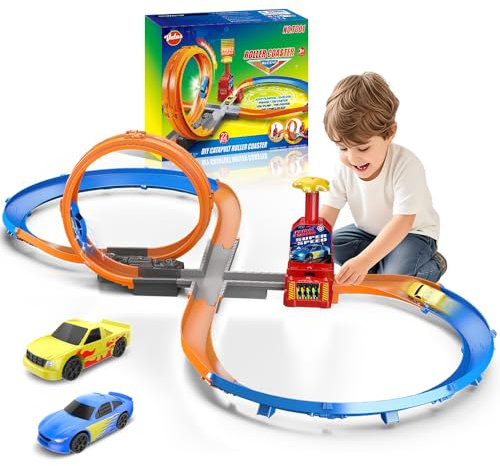 VATOS Slotcar Rennbahn Set für Jungen 5-7- Manuelle Beschleunigung Kinder Slot Machine Racing Track mit 360-Grad-Strecke, DIY Katapult Achterbahn 3 4 5 6 7 8 9 10 Jungen Mädchen Urlaub Geschenk