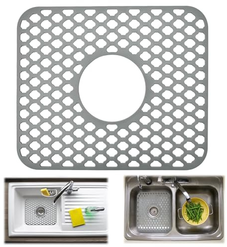 ADERTOS Tapis d'évier en silicone, avec trou intermédiaire, pliable et antidérapant, pour fond d'évier de cuisine, vaisselle et verrerie, 34 x 29 cm