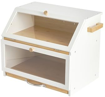 Double Decker Bamboo Bread Bin 2-Tier Bread Box With Cutting Board And Knife Holder Naturally Antibacterial Sustainable Eco Friendly Storage Box Organic Premium Kitchen Organiser (White / Natural)