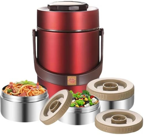 67oz Vacuum Insulated Lunch Food Container for Hot Food, 3 Tier Sealed Stackable Food Thermo, Adults Stainless Steel Wide Mouth Thermal Lunch Box, Leak-Proof Thermo Food Jar for Office & Outdoor(Red)