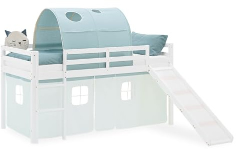 Homestyle4u Hochbett mit Rutsche 90x200 cm Weiß, Kinderbett aus Holz Kiefer, mit Tunnel Vorhang Mintgrün | Artikel 2934