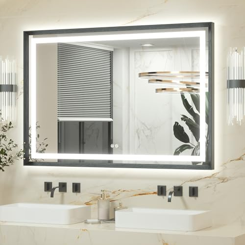Keonjinn Miroir de salle de bain avec éclairage - Cadre en métal noir - 120 x 80 cm - LED - Anti-buée - Avec interrupteur tactile - 3 couleurs de lumière à intensité variable - Fonction mémoire