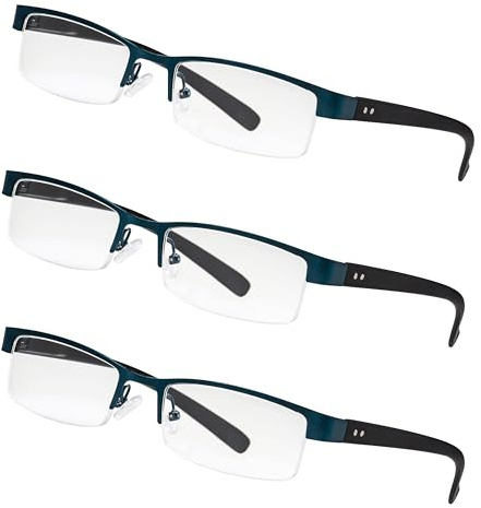LEXXOO 3er-Pack Halbrand Lesebrille Blau Schwarz +3,0 Dioptrien – Flexibles Design-Set mit Federscharnier – Leichtes Komfortmodell für Alltag & Büro