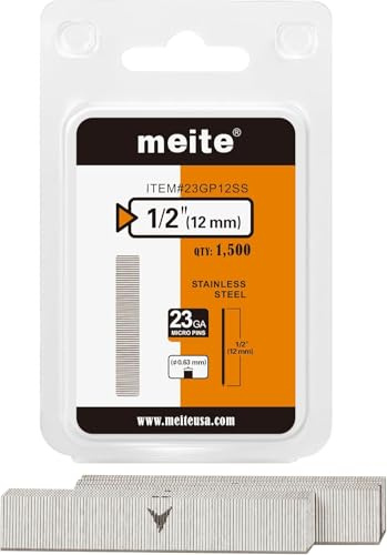 meite Clous finettes 23GA / 12 mm, Acier Inoxydable 304 Clou pour Pistolet à Clous 23G, Lot de 1 500, Fil diamètre 0,63 mm, Tête pour le Travail du Bois Fin et les Travaux de Garniture