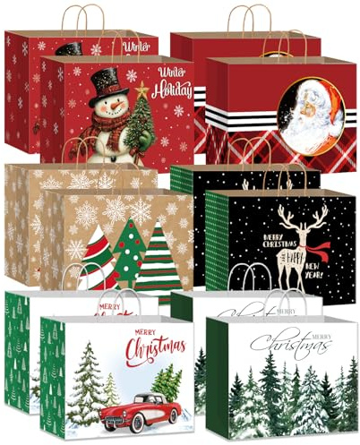 DECHISY 12 Stück Geschenktüten Weihnachten Groß, Weihnachtstüten mit Griffen, Geschenktaschen Weihnachten Zur Aufbewahrung von Geschenken, Partyzubehör, 32.5 x 25 x 17 cm