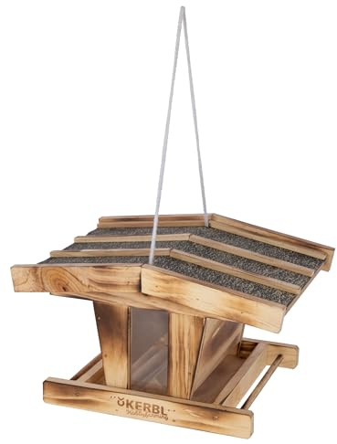 Kerbl Hobbyfarming Vogelfutterhaus, Aus Holz, Mit Glassichtfenster, Wetterfestem Dach, Robuste Kordel zur Aufhängung, Für Wildvögel, Witterungsbeständig